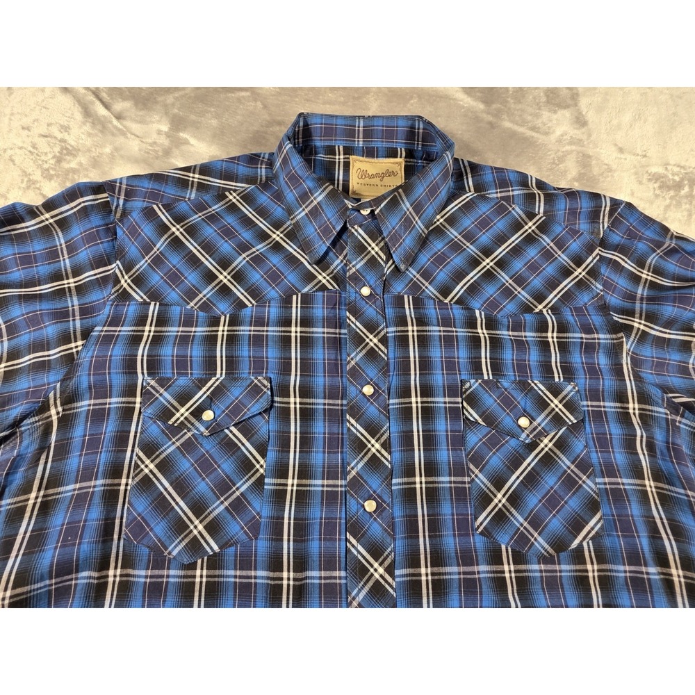 Wrangler Western Pearl Snap Shirt Men Big 3XL Dark Blue Plaid Short Sleeve